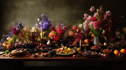 A lavish still life showcasing an abundance of vibrant flowers and fruits artfully arranged on a dark wooden table.