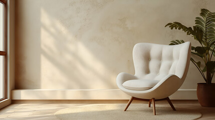 Minimalist Armchair Stylish Beige Modern Design on Wooden Floor with Sunlight.
