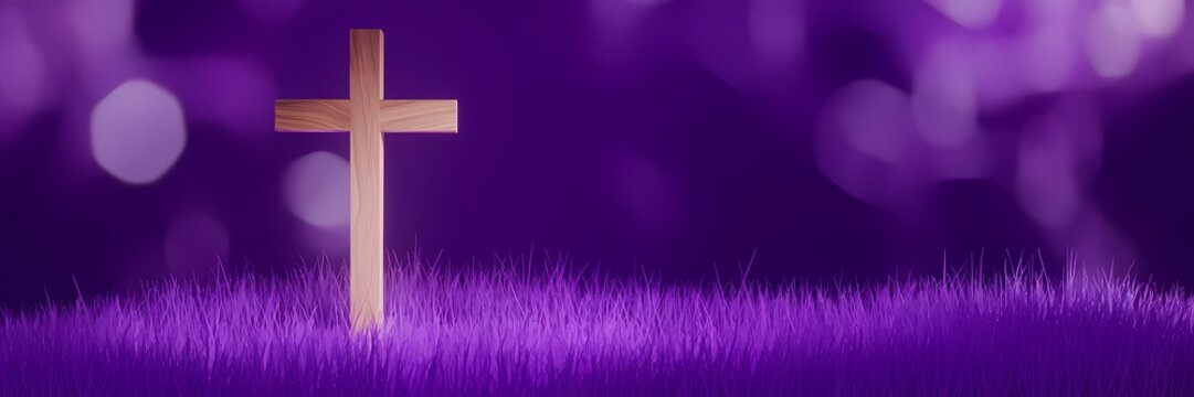 Lent Season Illustration with Christian Cross on Liturgical Purple Background Representing Faith Repentance and Spiritual Reflection for Online Worship Religious Greetings and Devotional Media