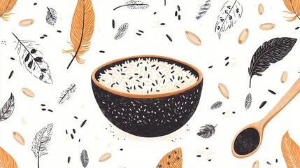 Bowl of mixed rice grains, feathers background, food photography, recipe website