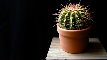 A captivating close-up reveals a vibrant green cactus, adorned with sharp spines, nestled within a terracotta pot against a dark backdrop.