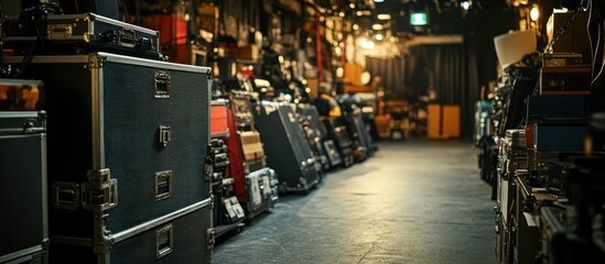 Dark backstage storage; equipment cases; venue preparation