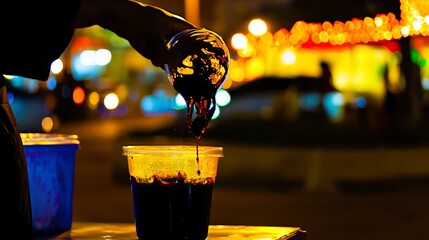 Street Vendor Serving Taho with Drizzle of Arnibal in Evening Market