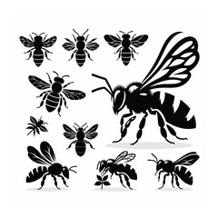 Black and white bee icon silhouette vector art illustration