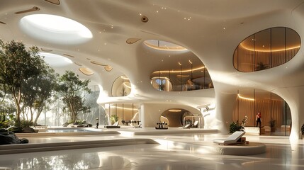 Advanced fitness facility futuristic equipment detailed class schedule gym set on a healthcentric planet with men and women actively participating in training and plants adding to the white background