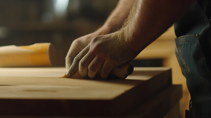 Carpenter Sanding Wood in Workshop