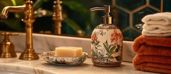 Obraz premium Decorative bathroom set, flowers, towels, sink