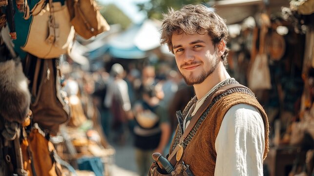 Young man in medieval costume at a renaissance fair smiling happy brown white event crowd style