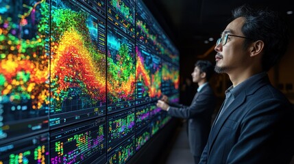 Analysts examining complex data visualization on large screen