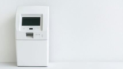 Modern white automated teller machine against a plain white wall