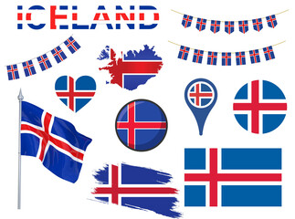 Fototapeta premium Big set of Iceland ribbons, symbols, icons and flags isolated on a white background, Made in Iceland, Welcome to Iceland, premium quality, Iceland color, set for your infographics, and templates 