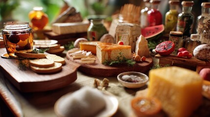 Fototapeta premium Artisanal cheeses arranged on wooden boards, accompanied by fruit and bread. A rustic, warm, and inviting scene.
