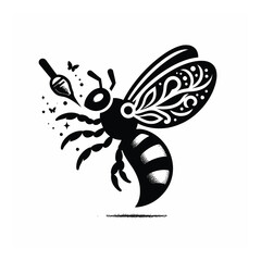 Black and white bee icon silhouette vector art illustration