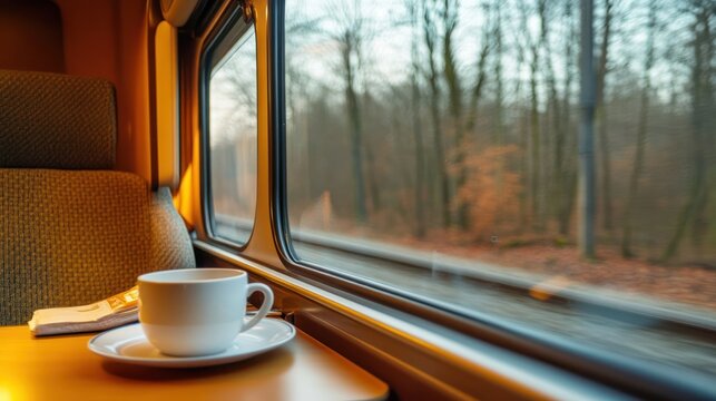 Tranquil train journey through autumnal forest.