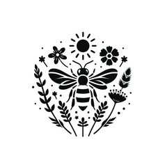 Black and white bee icon silhouette vector art illustration