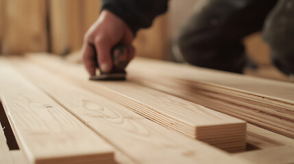 Carpenter Sanding Wooden Planks