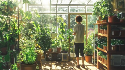 A person looking through a glasshouse at thriving green plants