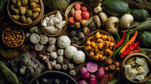 A vibrant array of Asian ingredients, showcasing a diverse collection of  vegetables, fruits, and spices.