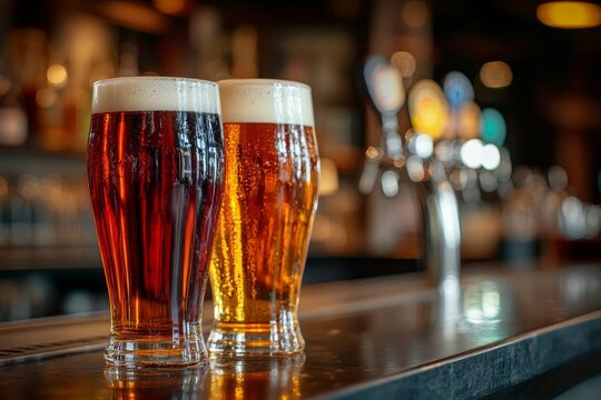 Three varieties of beer in glasses on irish pub bar counter with soft shadows and bokeh background