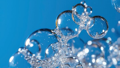 Bubbles in motion against a bright blue background