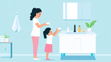 Handwashing steps with child and parent for hygiene education and health awareness