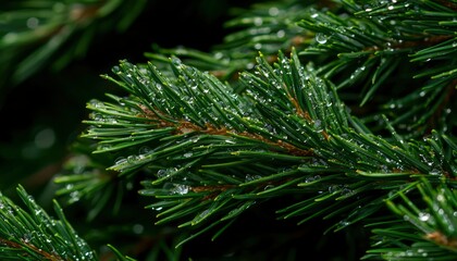 Dewy Pine Branches Closeup