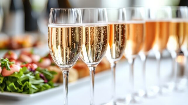 Elegant champagne glasses filled with sparkling ros?, set on a table with appetizers in a festive setting