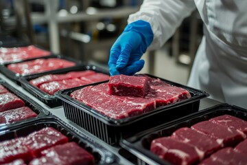 Worker packaging raw beef steak in transparent tray at meat factory production line with clean setup