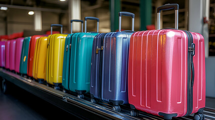 Rainbow Suitcases Colorful Luggage on Carousel, Travel Vacation Theme.