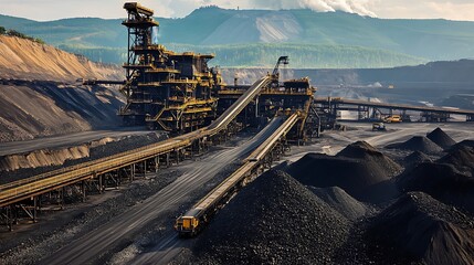 Fototapeta premium Extensive coal processing facility amidst open-pit mine.