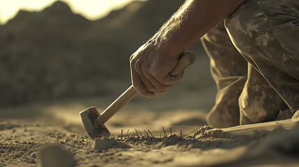 Construction Worker Using Hammer on Site