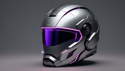 Fototapeta premium Striking futuristic helmet design in silver with vibrant neon purple lighting accents, rendered in detail.