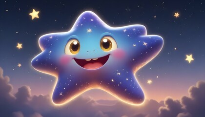 Fototapeta premium A cheerful star character with a sweet smile floating above soft, fluffy clouds at night.