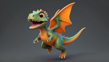 Fototapeta premium A vibrant, cartoon dragon with orange wings soars through the air with an open mouth.