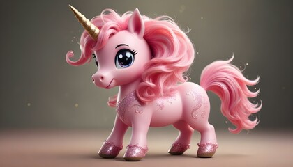 A beautiful pink unicorn with flowing pink hair and a golden horn, full of sparkles.