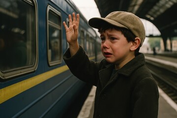 Emotional farewell at the old train station captured on a foggy day with a child saying goodbye to a loved one Generative AI