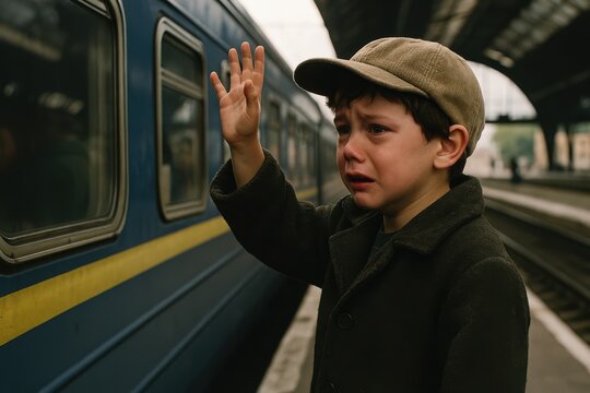 Emotional farewell at the old train station captured on a foggy day with a child saying goodbye to a loved one Generative AI