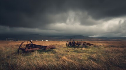 Fototapeta premium Rusted farm implements rest in a vast, stormy field.