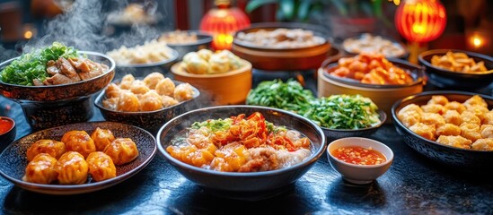 Diverse Chinese Cuisine Buffet with Dim Sum and Noodles