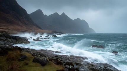 Dramatic coastal scene of rough waves crashing against rocky shore.