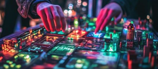 Obraz premium DJ mixing music at night, city lights