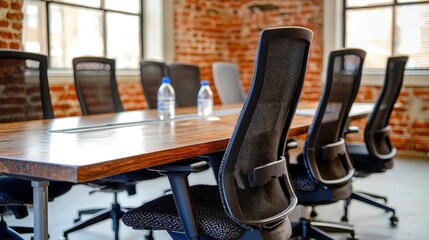 Conference room table, chairs, brick wall, and windows