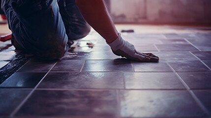 Fototapeta premium Tile Installer Working on Floor Installation