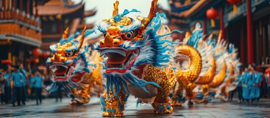 Fototapeta premium Dragon dance parade in Asian city temple. Celebration
