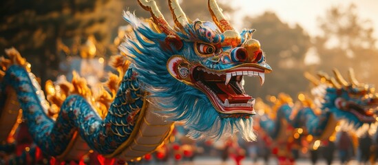 Fototapeta premium Dragon dance parade, vibrant costumes, festival celebration