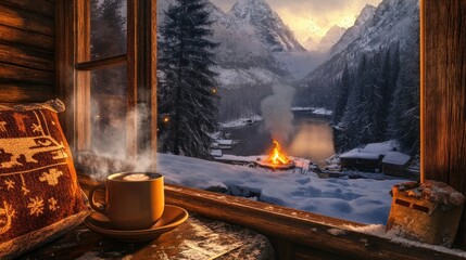 A snowy cabin setting with a steaming mug of coffee, warm fire crackling --ar 16:9 --v 6.1 Job ID: 5887e9b2-496e-44b0-81ac-4b2d88e9945e