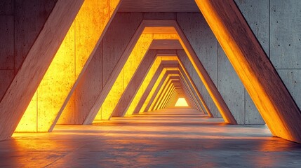 Concrete triangular tunnel with glowing light