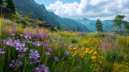 Obraz premium Vibrant alpine meadow filled with wildflowers and bees against a stunning mountain backdrop