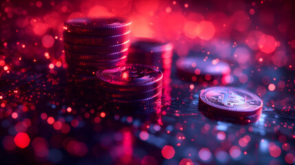 Bitcoin Coin Stack Red Neon Glow Symbolizing Digital Finance Success and Future Wealth.