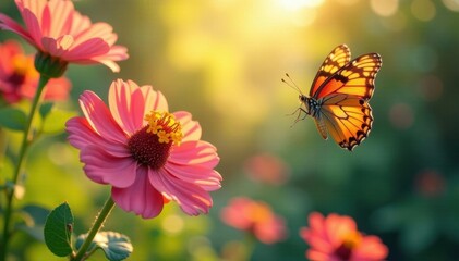 Painted lady flits, blossoms bathed in sunlight , outdoor, beauty